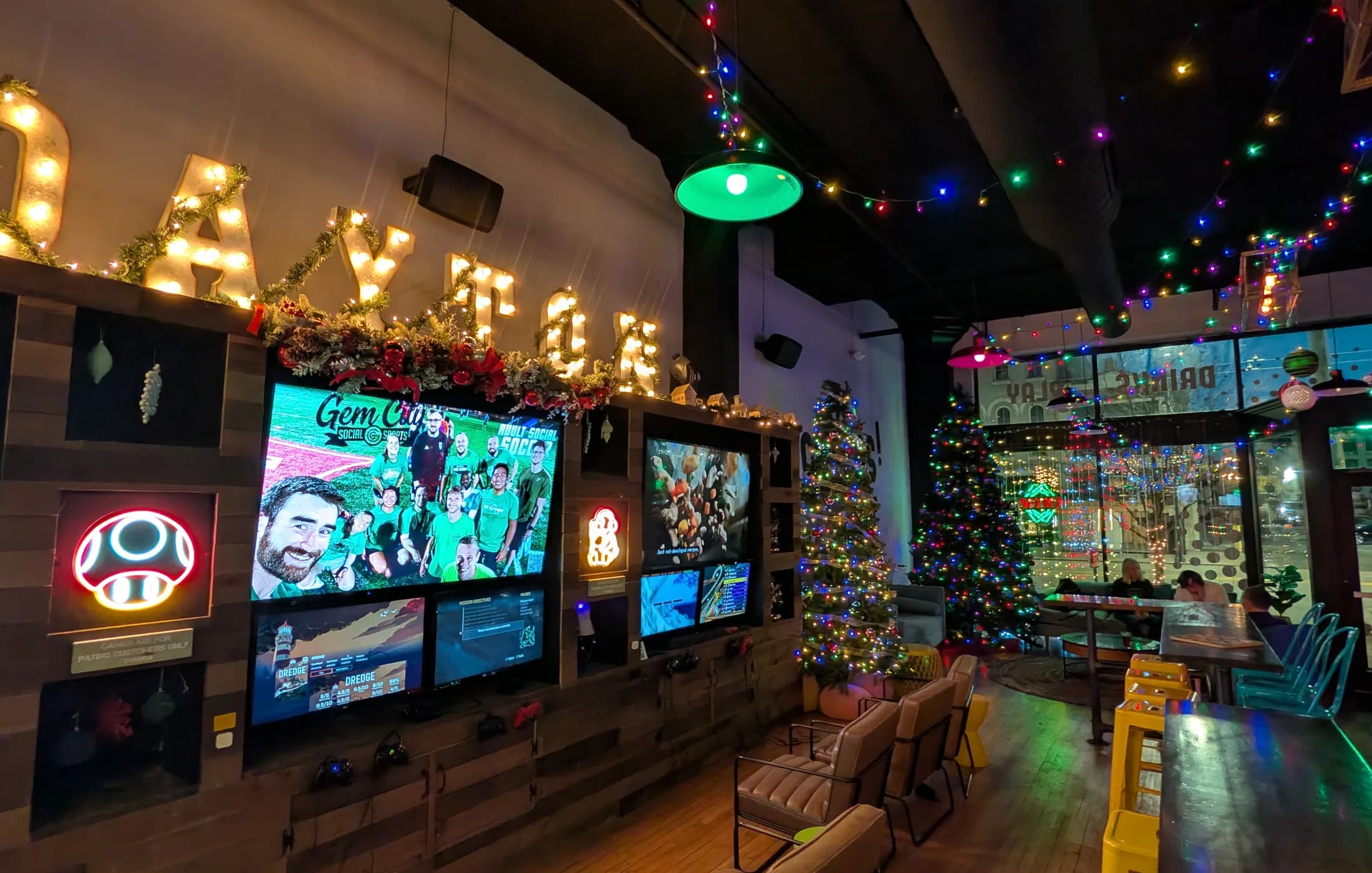 Company holiday party games and bar space at Two Social