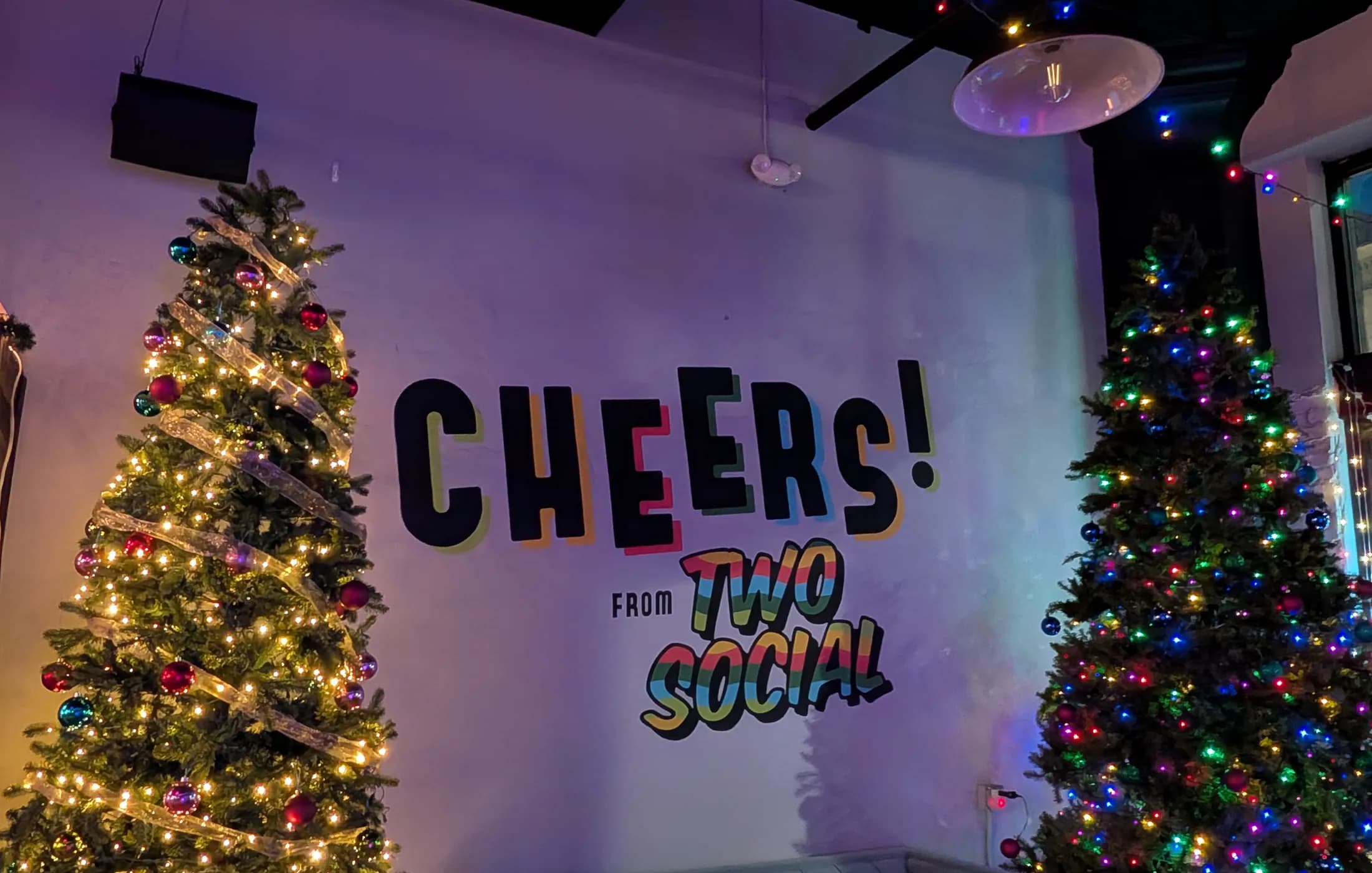 Holiday party bar and Christmas decor at Two Social
