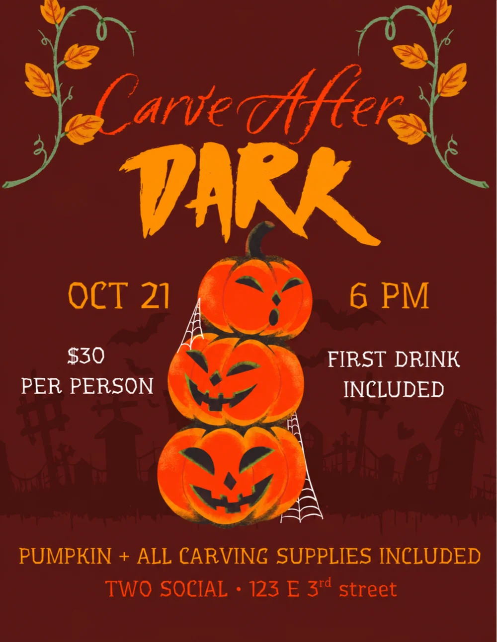 Carve After Dark pumpkin carving poster: October 21, 6 PM, $30 per person