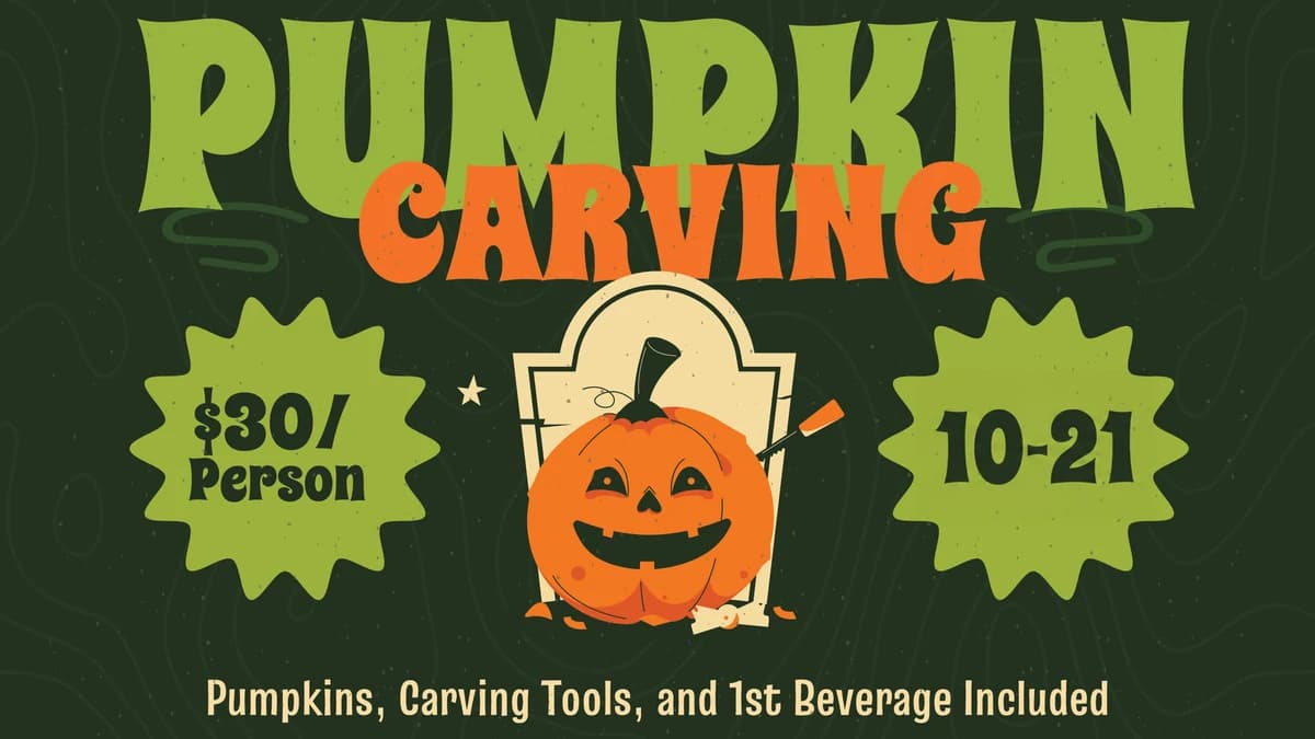 Landscape Pumpkin Carving poster with the updated 10-21 date and $30 admission including a pumpkin, tools and first beverage