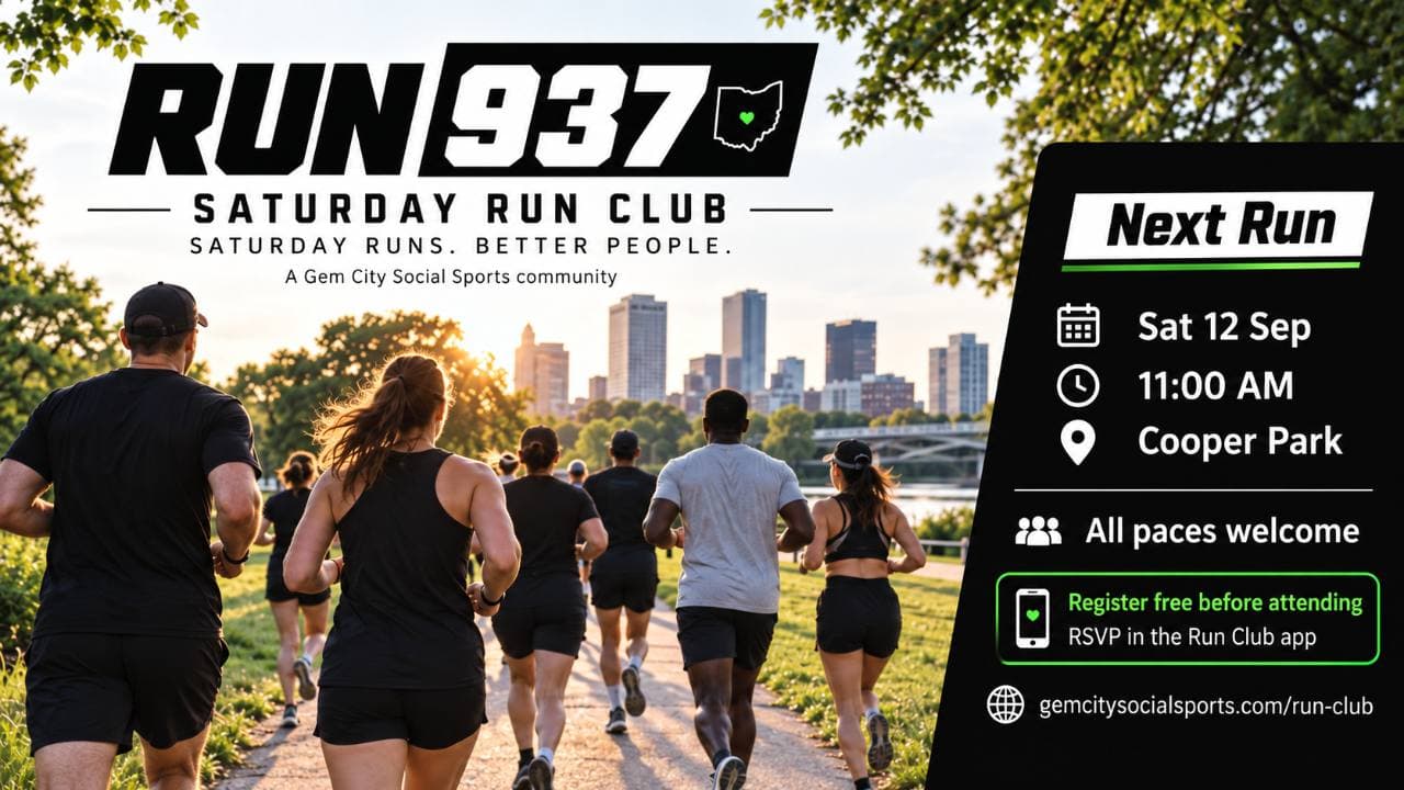 Run937 runners heading toward the Dayton skyline