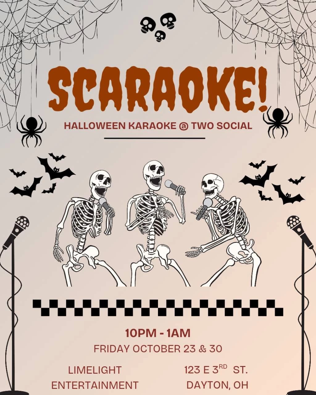 Scaraoke poster with singing skeletons: Halloween karaoke at Two Social, October 23 and 30, 10 PM–1 AM, hosted by Limelight Entertainment