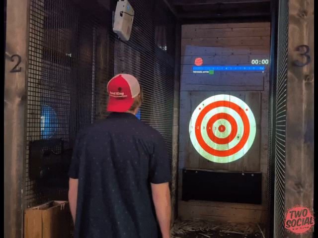 Axe thrower demonstrating a smooth one-handed throw at Two Social in Dayton